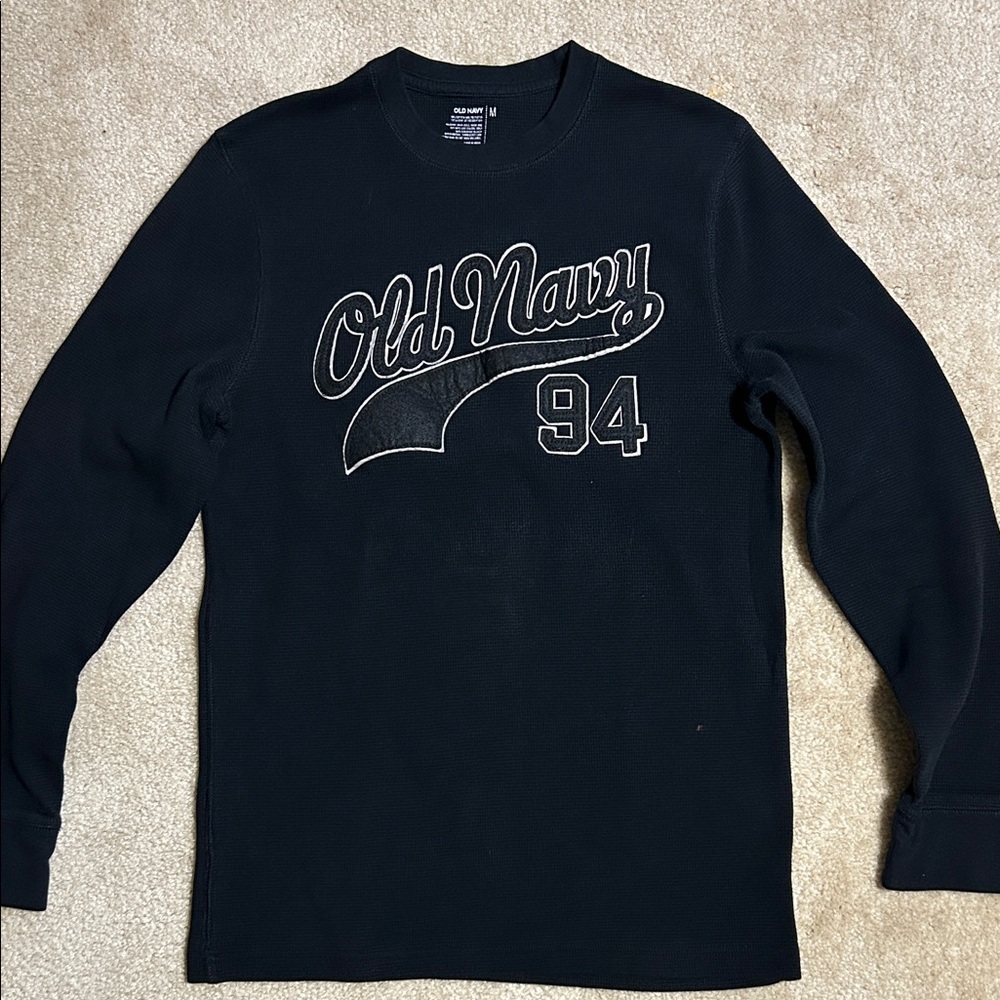 Old Navy Black Crewneck Thermal with White Script Logo